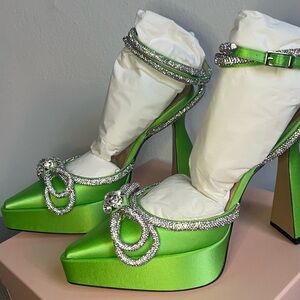 Mach & Mach Women's Double Bow Ankle Strap Platform Pumps Satin 140 Green